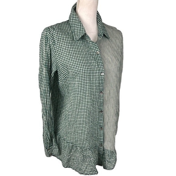 LOGO by Lori Goldstein Green Gingham Striped Ruffled Button Up Long Sleeve Small - Picture 3 of 14